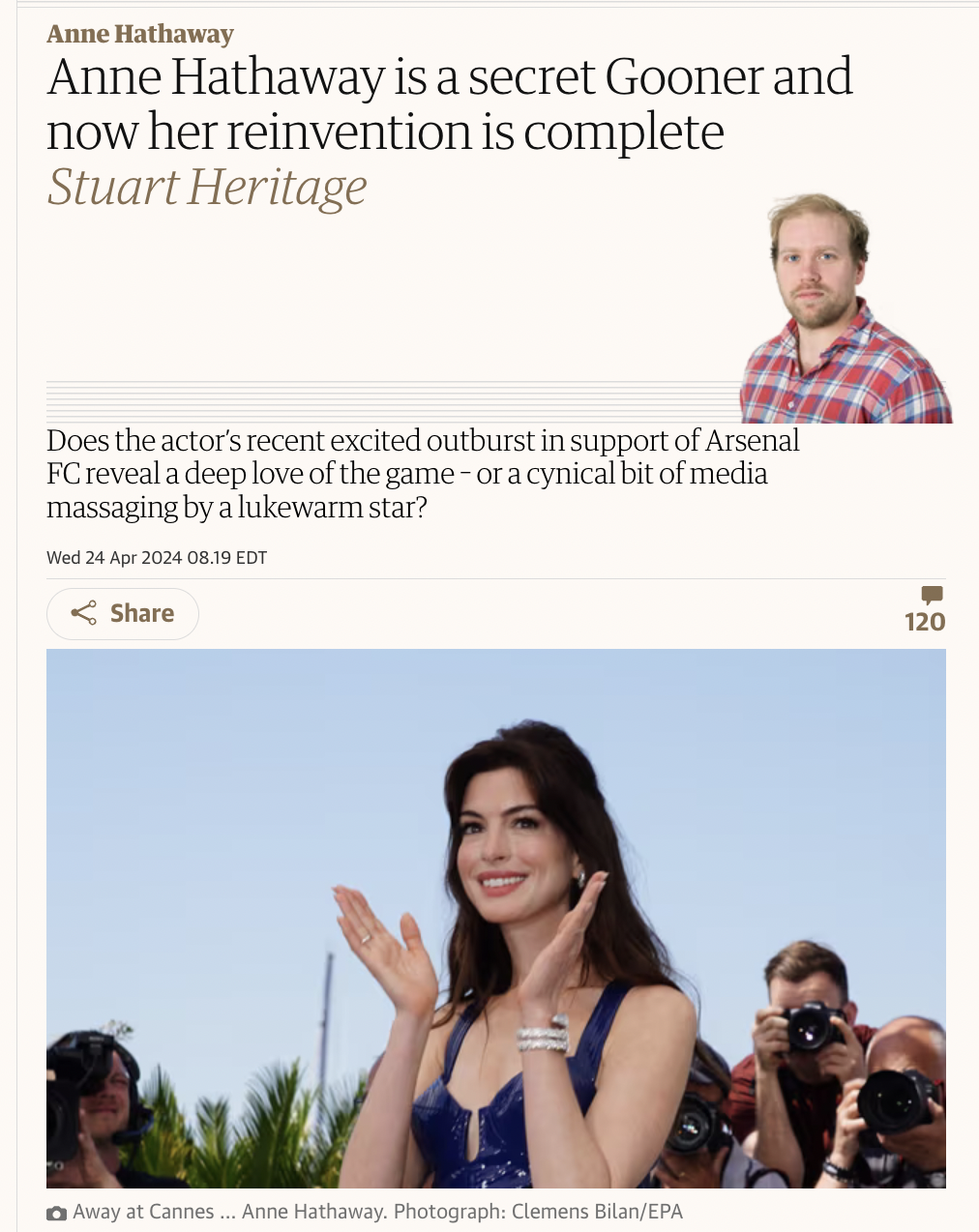 anne hathaway arsenal - Anne Hathaway Anne Hathaway is a secret Gooner and now her reinvention is complete Stuart Heritage Does the actor's recent excited outburst in support of Arsenal Fc reveal a deep love of the gameor a cynical bit of media massaging 
